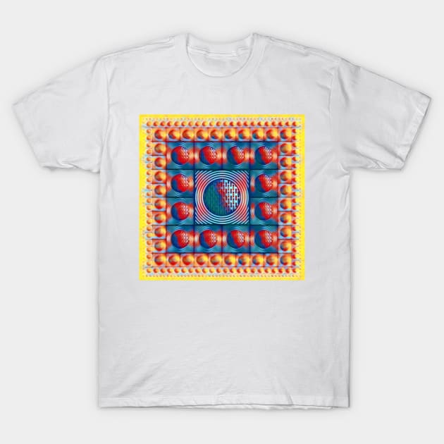 magic carpet style design blue yellow and red squared circle design T-Shirt by mister-john